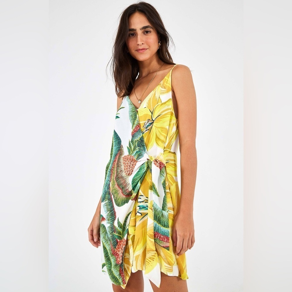 Farm Rio Womens small Azalea Forest Mini Dress Tropical Wrap Boho Vacation